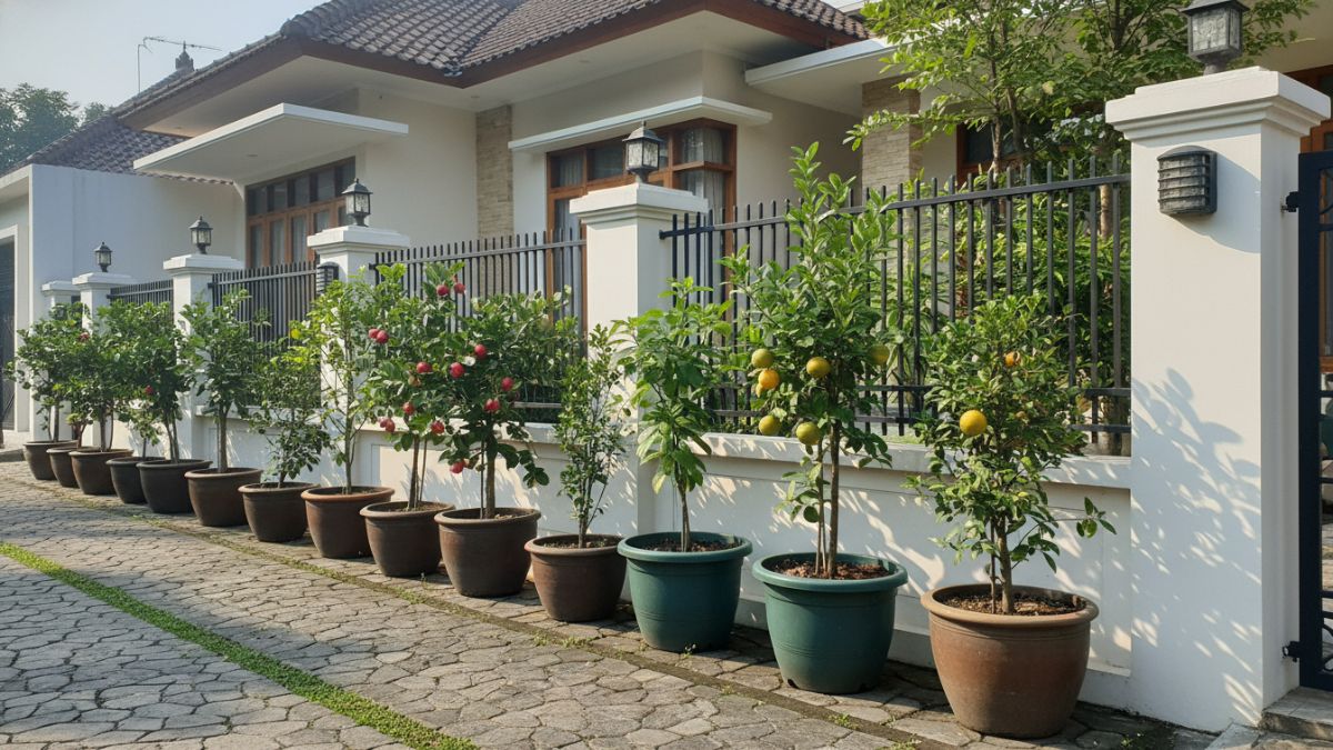tanaman yang disusun rapi di depan pagar