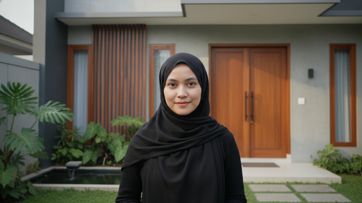Hijab hitam polos dengan teknik lilit sederhana.