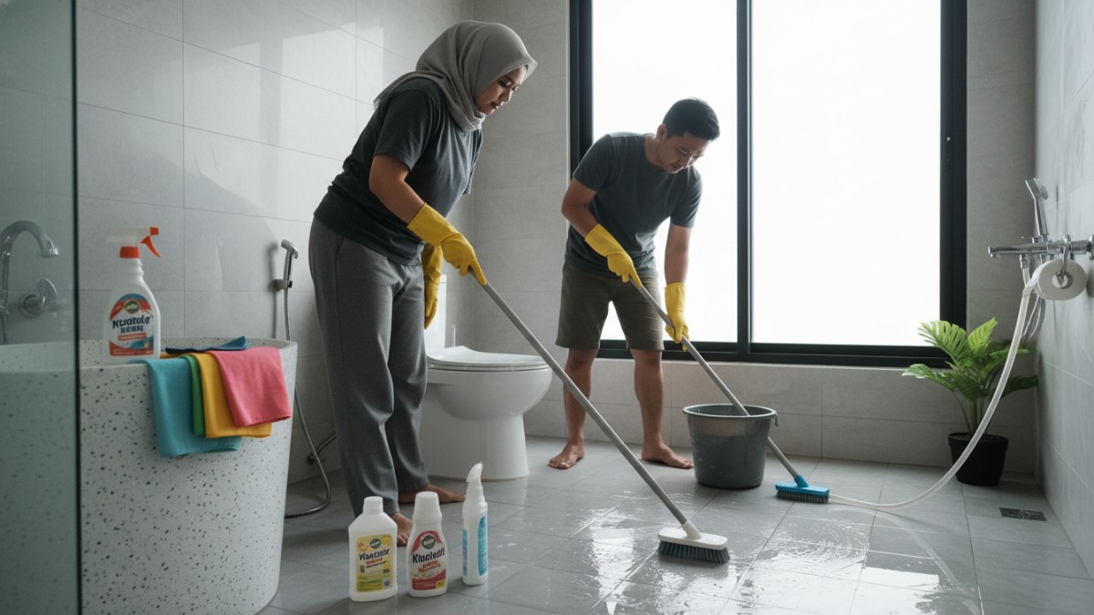 Ilustrasi proses membersihkan toilet rumah secara menyeluruh dan terarah.