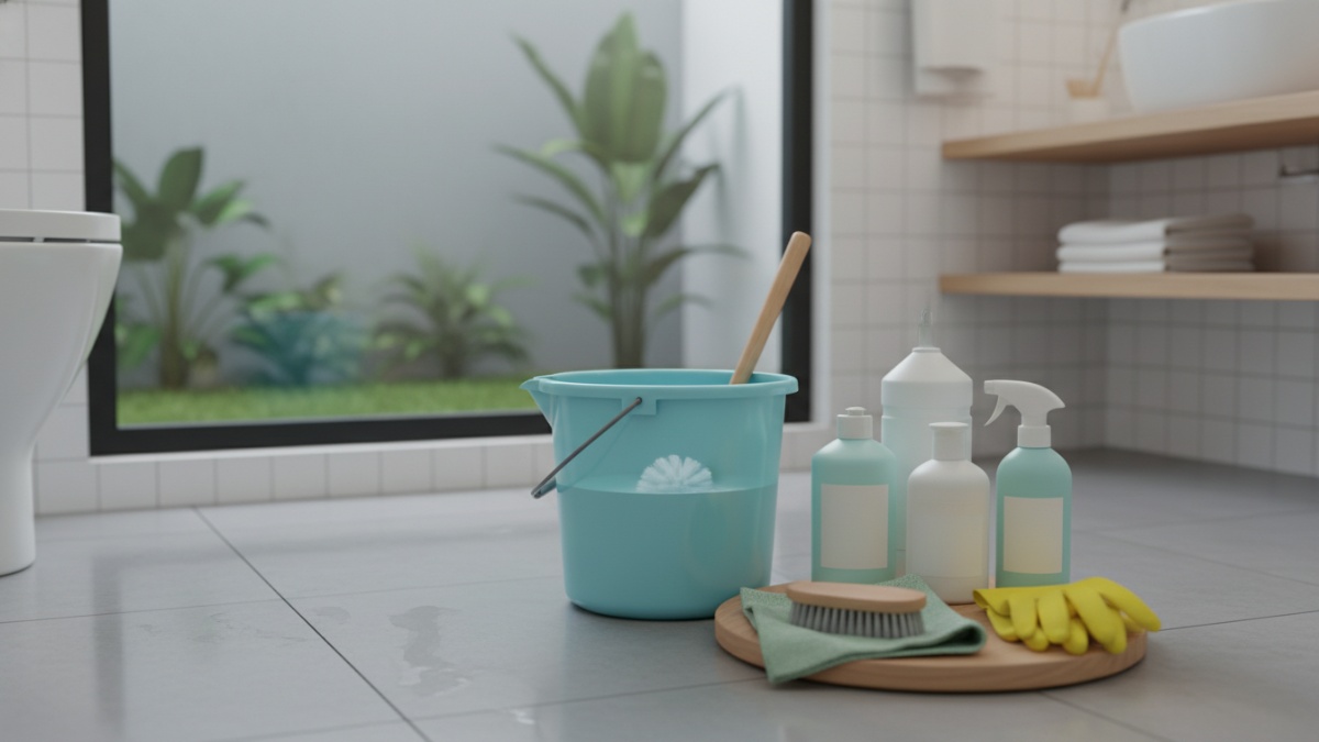 Persiapan alat kebersihan toilet sebelum digunakan.