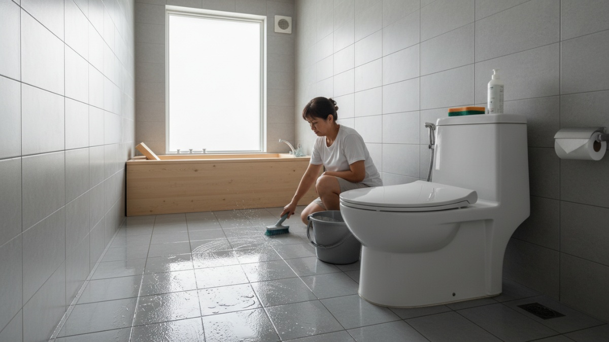 Lantai dan dinding toilet dibersihkan untuk mencegah kelembapan.
