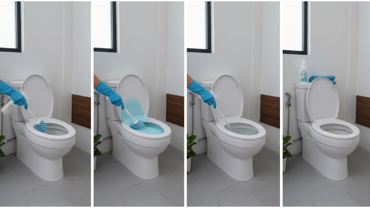 Ilustrasi proses membersihkan toilet rumah secara bertahap dan higienis.