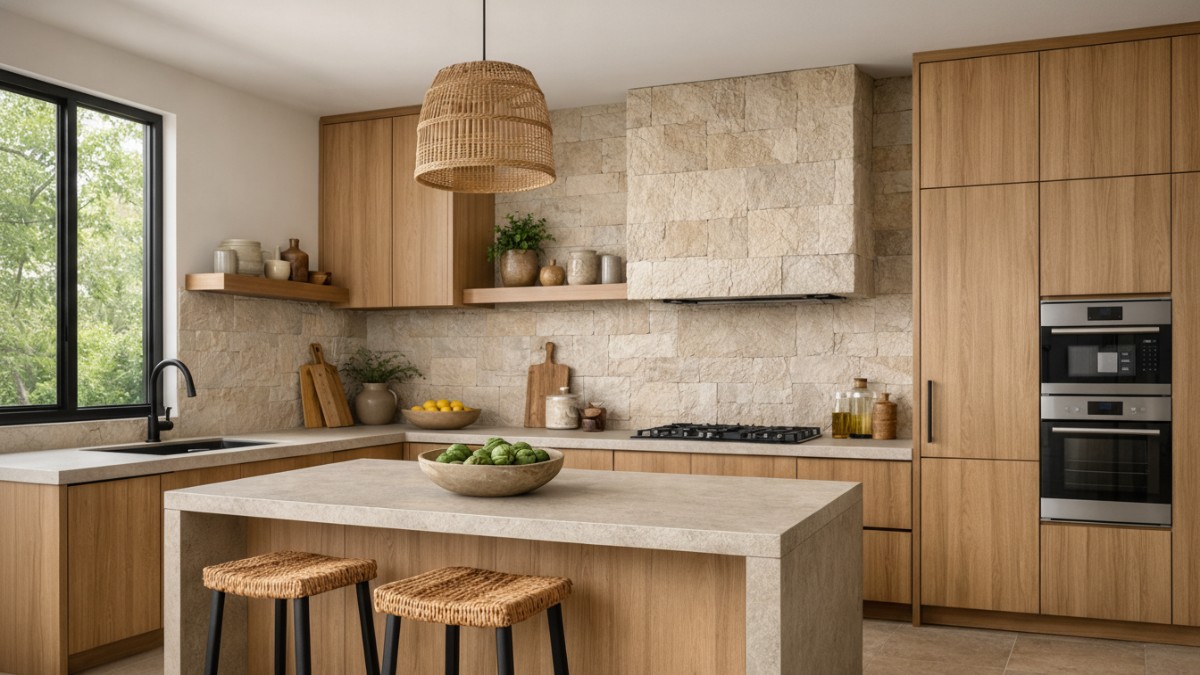 Dapur minimalis dengan dominasi material alami.