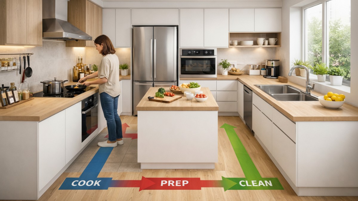 Dapur minimalis dengan fokus sirkulasi gerak.