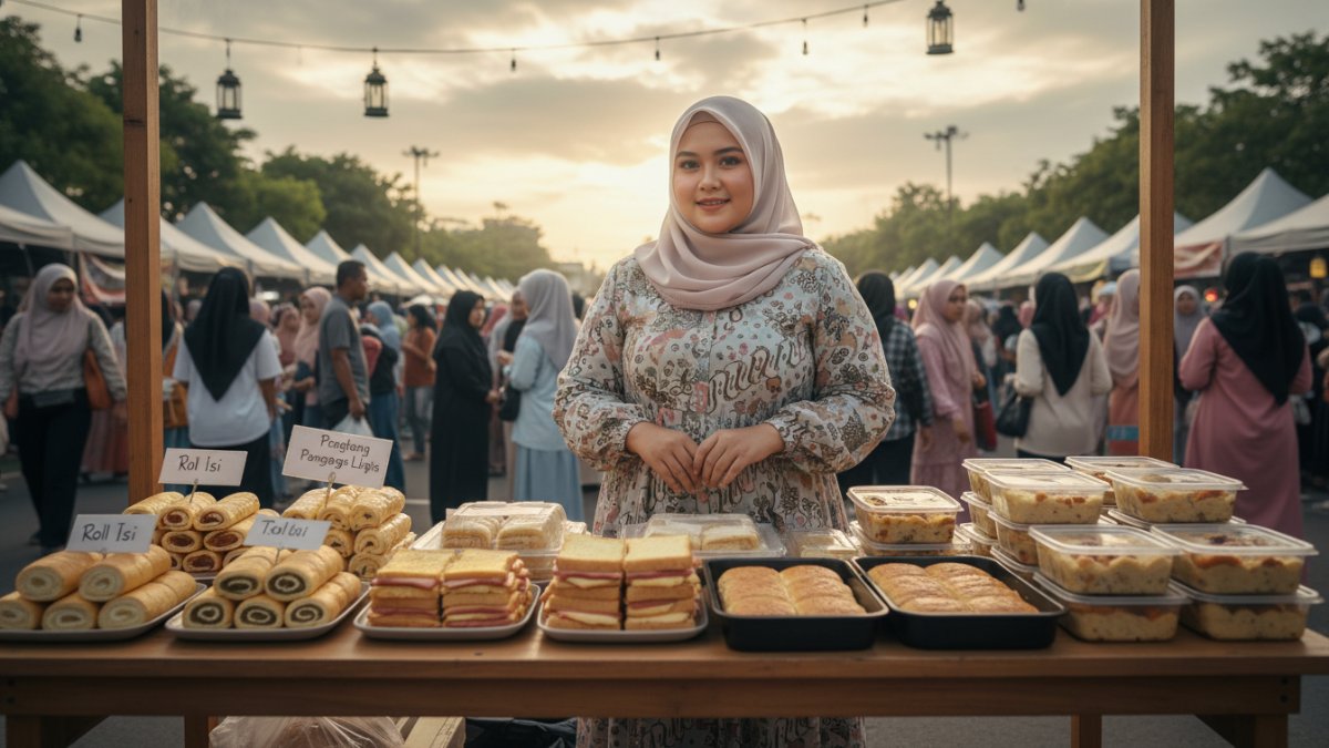 Aktivitas lapak takjil Ramadan dengan aneka olahan roti tawar.