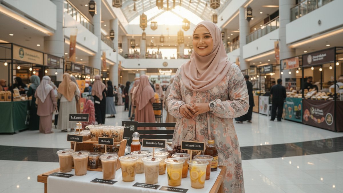 Lapak takjil modern yang menampilkan informasi minuman tanpa pemanis alami