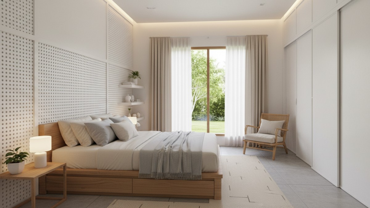 Palet warna terang memantulkan cahaya alami di kamar tidur terbatas.