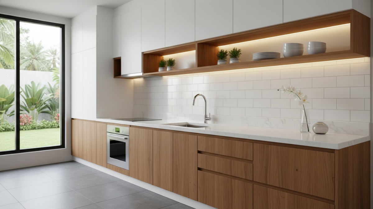 Ilustrasi dapur minimalis dengan lemari rapi dan warna netral.
