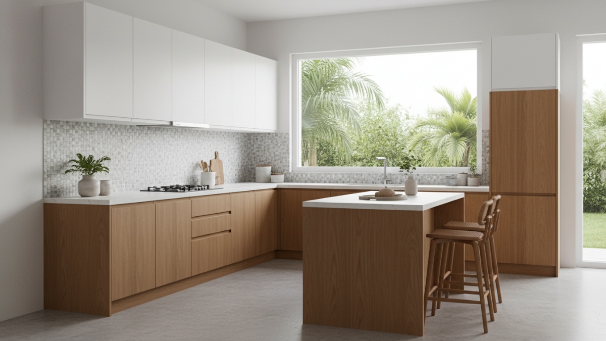 Lemari dapur permukaan rata dengan garis lurus sederhana.