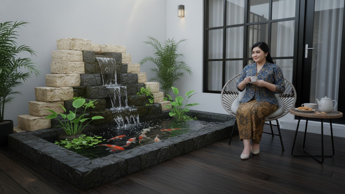 Kolam ikan minimalis di sudut depan rumah dengan desain sederhana.