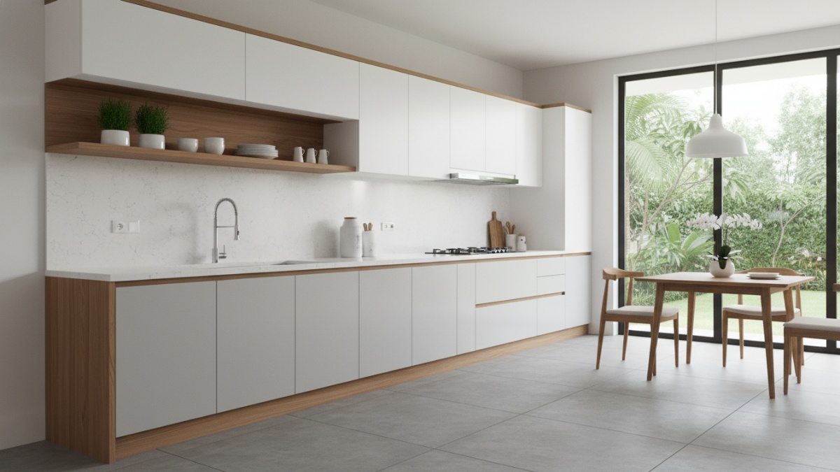 Gambaran lemari dapur minimalis dengan desain bersih dan tata ruang efisien.