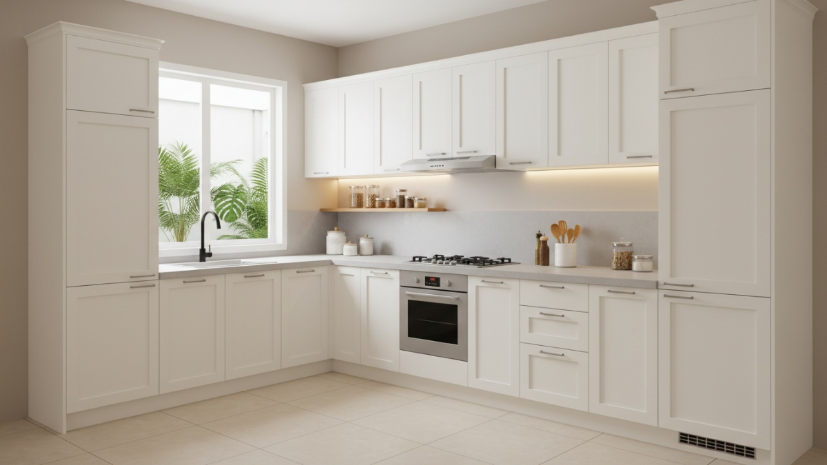 Lemari dapur minimalis dengan warna seragam dan garis sederhana.