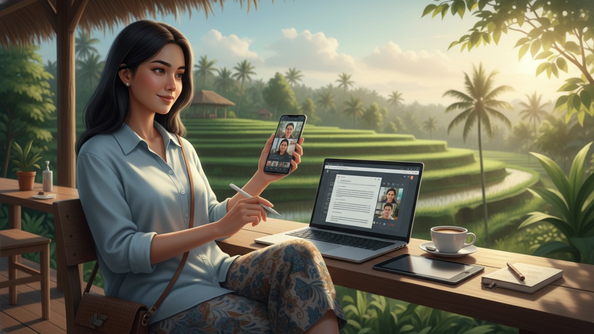 Ilustrasi pekerja mobile menggunakan HP untuk rapat daring dan dokumen kerja.