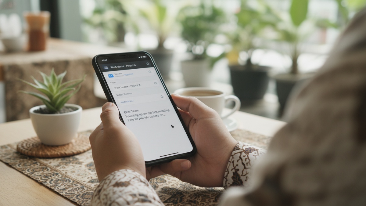 Aktivitas mengetik email kerja lewat smartphone modern.