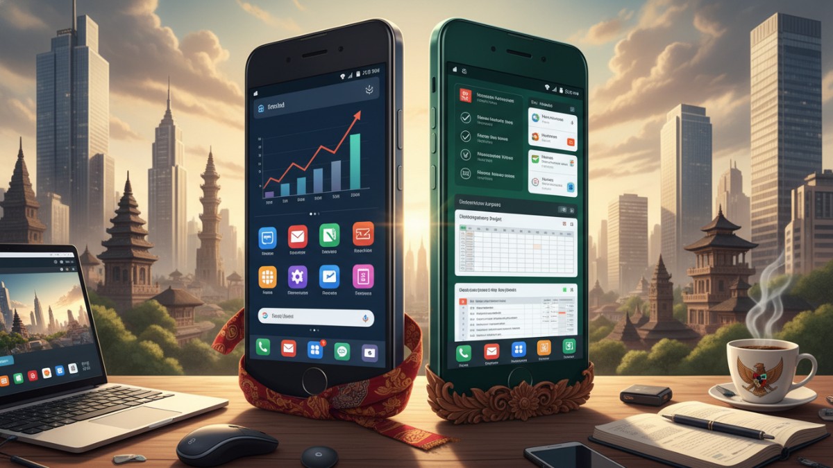 Ilustrasi perbandingan smartphone kerja untuk mendukung produktivitas profesional modern.