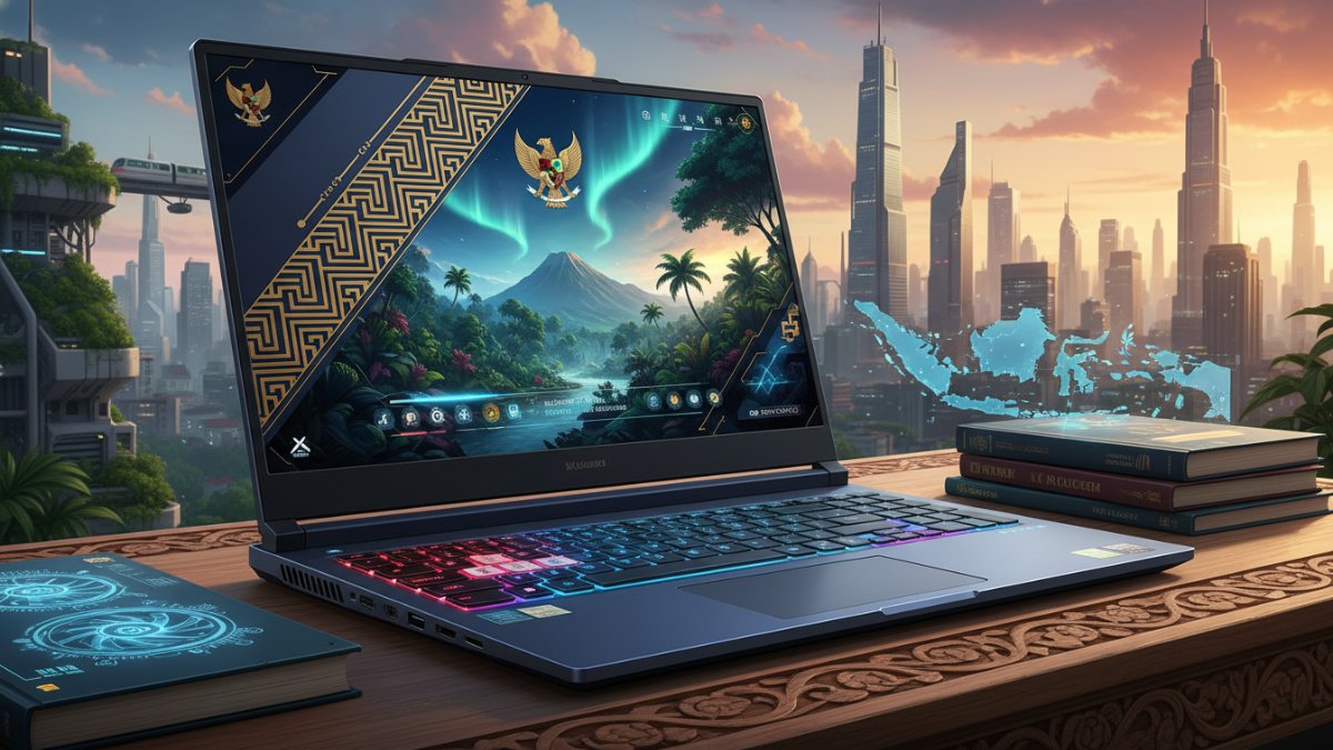 Ilustrasi laptop gaming modern 2026 dengan desain tipis dan performa seimbang.