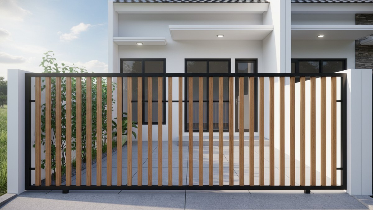 Gambar pagar teras rumah kecil dengan desain ringan yang membantu menciptakan kesan luas dan terbuka.