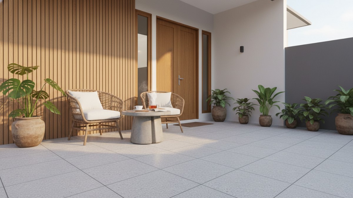 Visual teras rumah kecil dengan desain sederhana dan penataan fungsional.