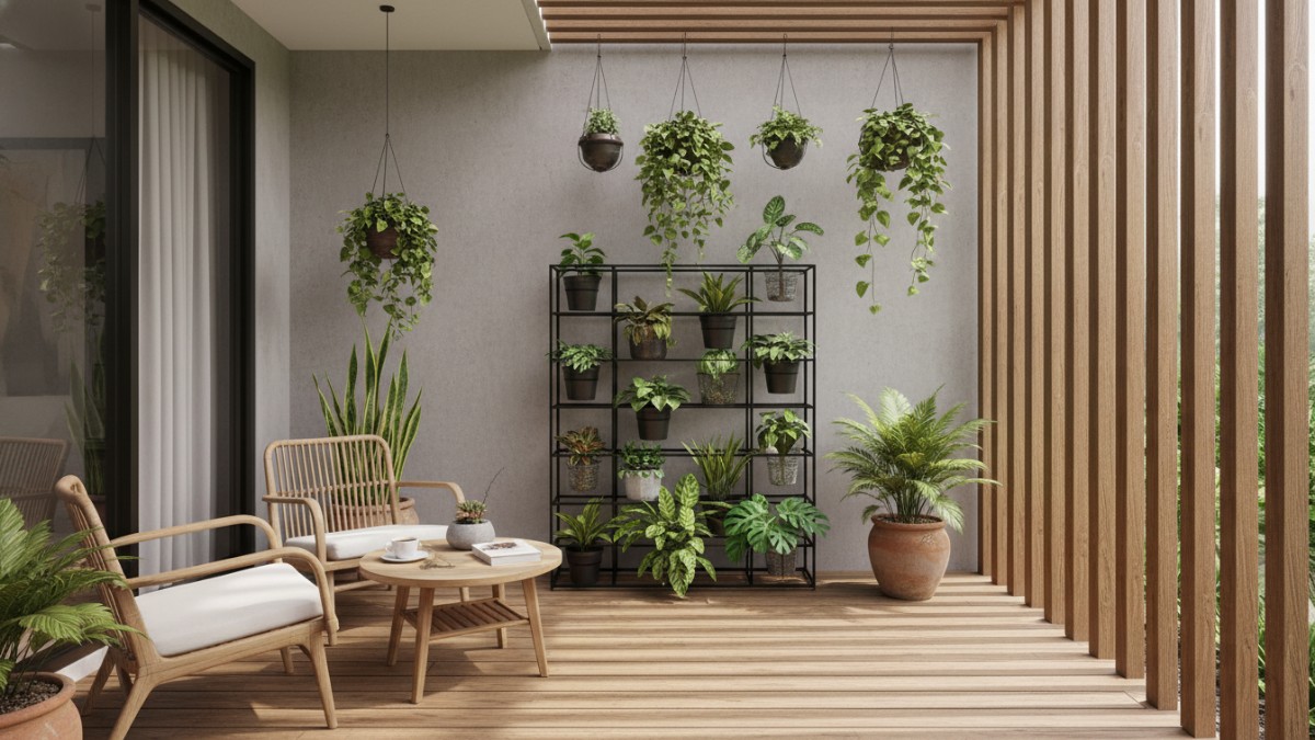 Furnitur ringkas pada teras berukuran terbatas.