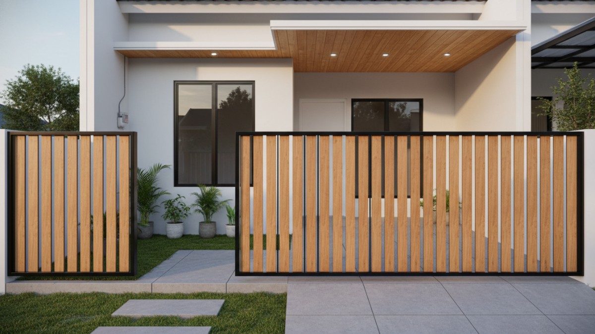 Tampilan pagar teras rumah kecil dengan desain modern dan ringan yang mendukung kesan lapang.