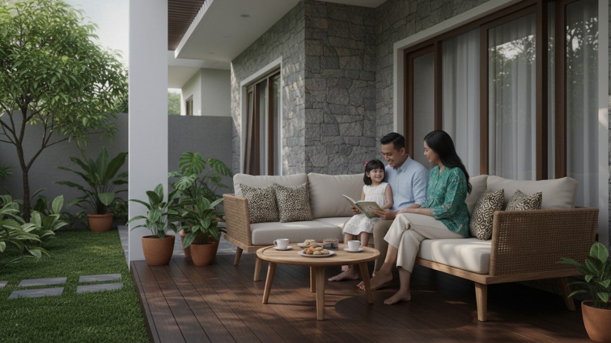 Visual teras rumah kecil dengan desain modern yang rapi dan menyambut.
