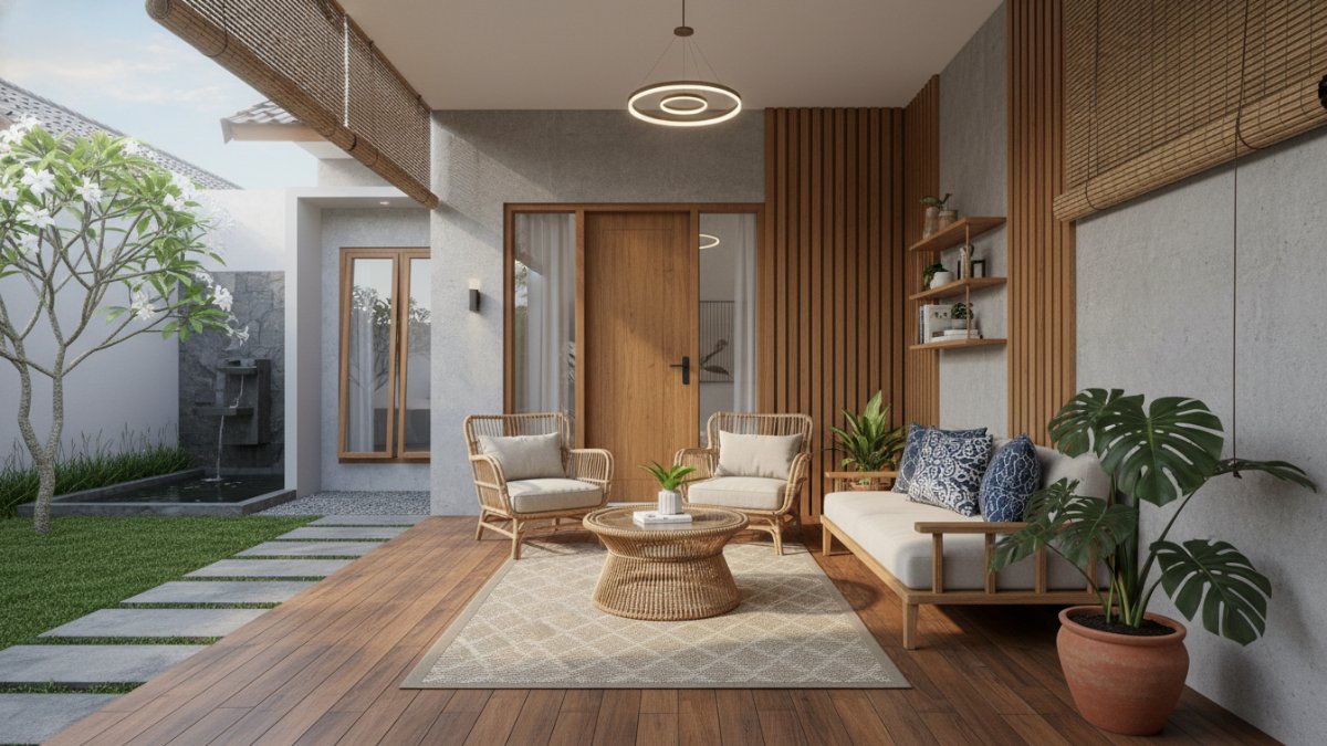 Penataan furnitur proporsional pada teras berukuran terbatas.