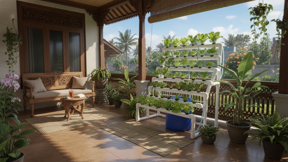 Teras rumah dengan instalasi hidroponik sederhana yang rapi dan fungsional.