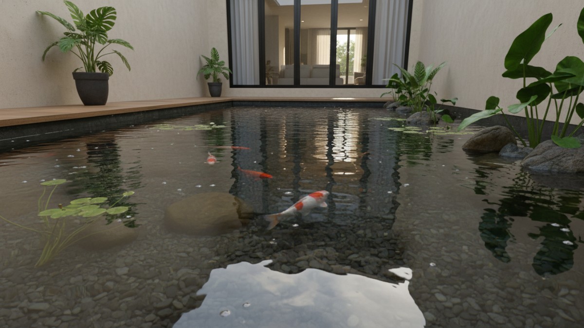 Detail aliran air dangkal pada kolam ikan teras rumah minimalis.