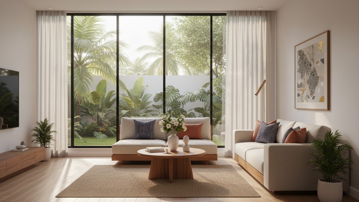 Cahaya alami masuk melalui jendela minimalis, menciptakan suasana terang di ruang keluarga.