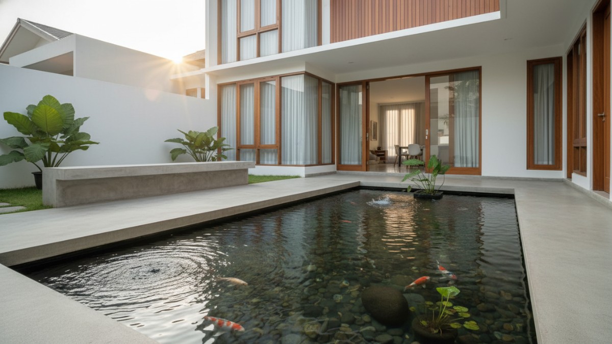 Kolam ikan teras rumah dengan air jernih dan desain minimalis yang menyatu dengan hunian.