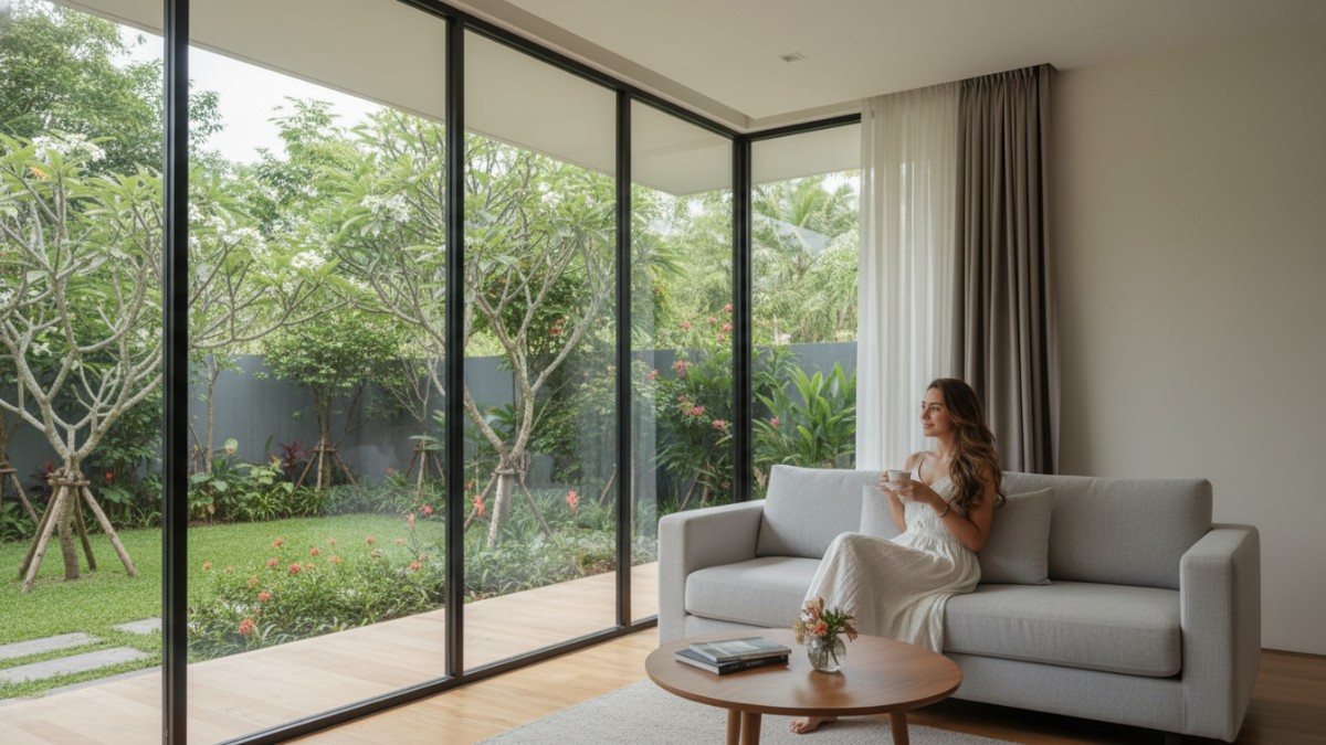 Jendela besar menghubungkan ruang dalam dengan taman luar