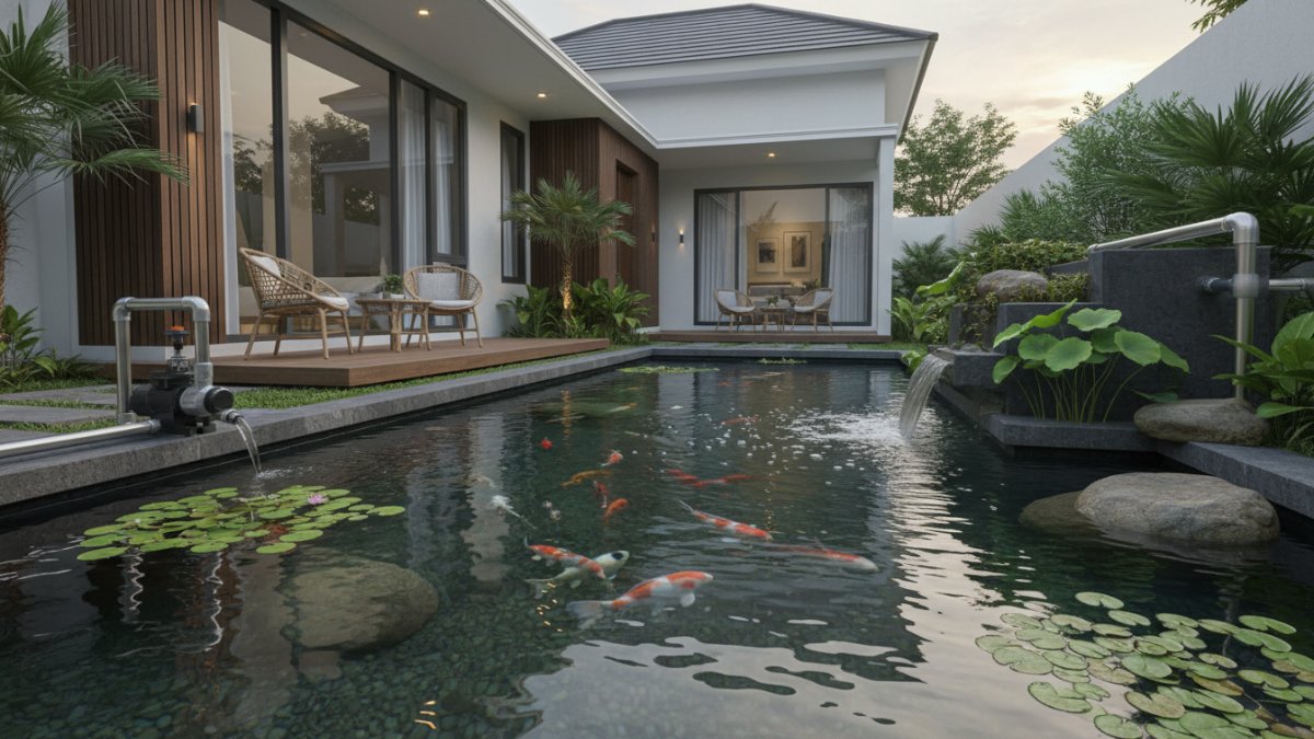 Sistem pompa dan sirkulasi air yang menjaga kejernihan kolam. kolam ikan