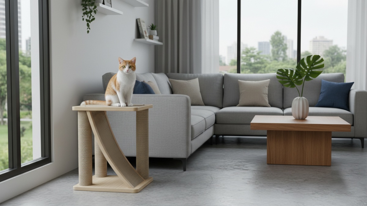Kucing peliharaan di ruang tamu dengan sofa rapi dan media garukan tersedia.