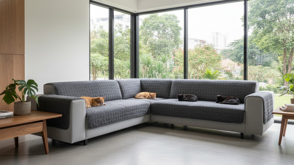 Sudut sofa terlindungi dengan pelapis ramah kucing.