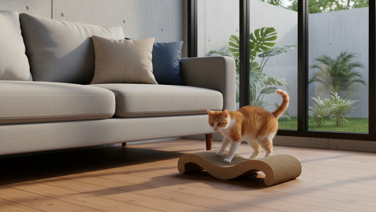Kucing menggaruk media khusus di dekat sofa rumah.