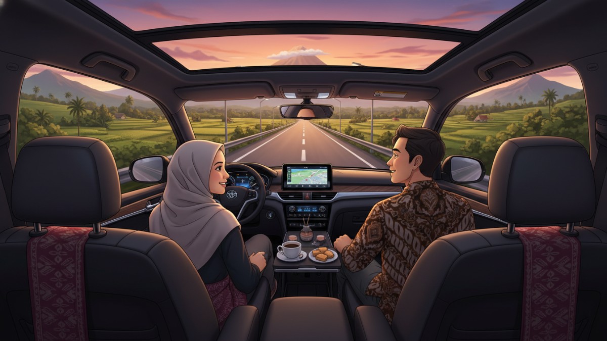 Ilustrasi mobil melaju di jalan panjang dengan kabin nyaman dan suasana santai.
