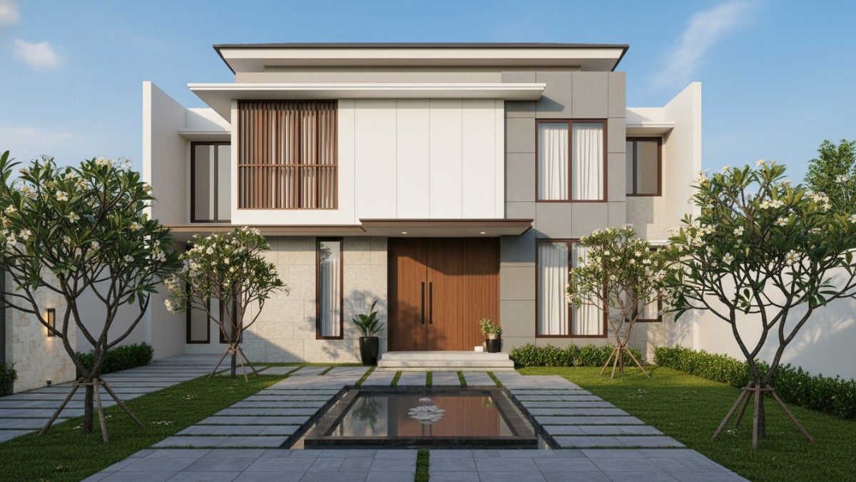 Taman depan rumah minimalis dengan penataan sederhana yang memberi kesan luas.