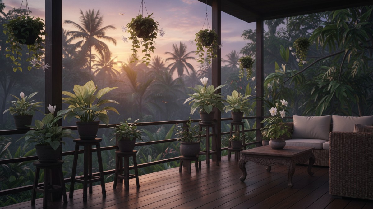 Teras rumah tropis dengan tanaman hias malam berdaun dan berbunga pucat yang tertata rapi saat senja.