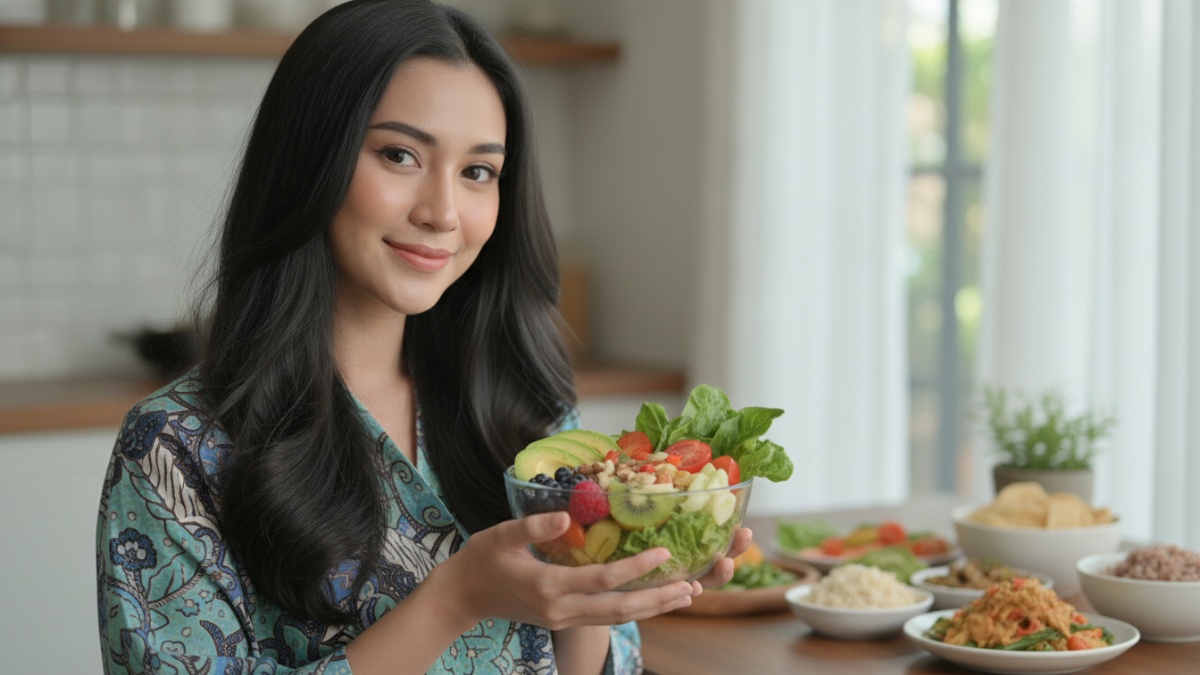 Ilustrasi gaya hidup sehat dan nutrisi pendukung kesehatan rambut.