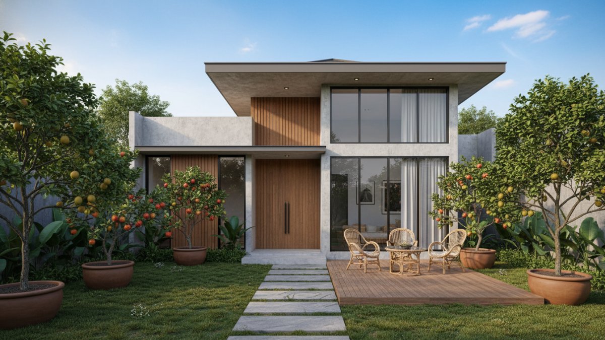 Pohon jeruk dengan tajuk rapi mempercantik fasad rumah.