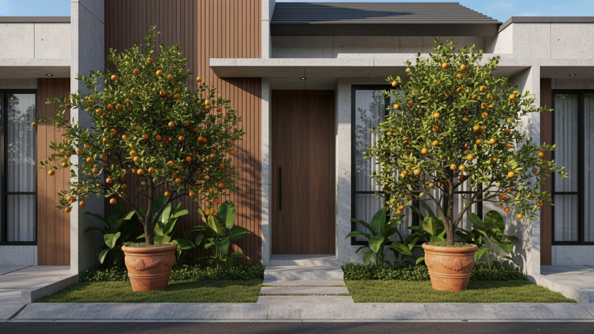 Pohon jeruk dengan tajuk rapi mempercantik fasad rumah.