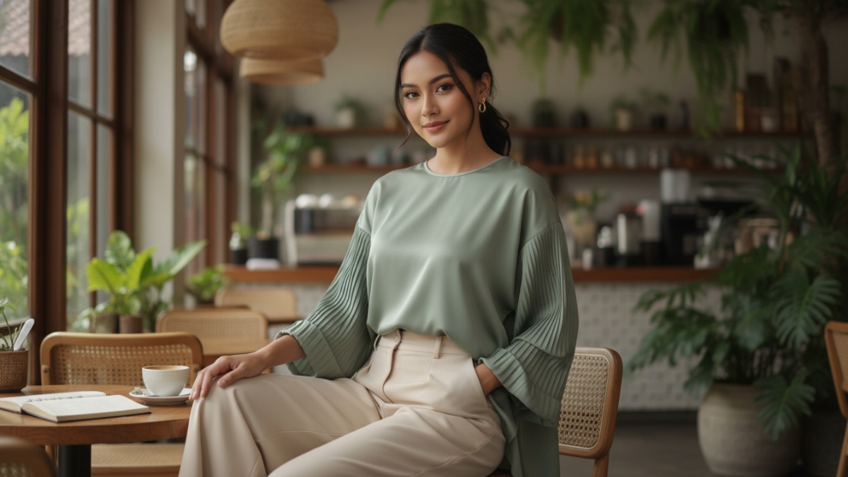 Outfit silk look bernuansa lembut yang menonjolkan kesan anggun dan nyaman dikenakan sepanjang hari.