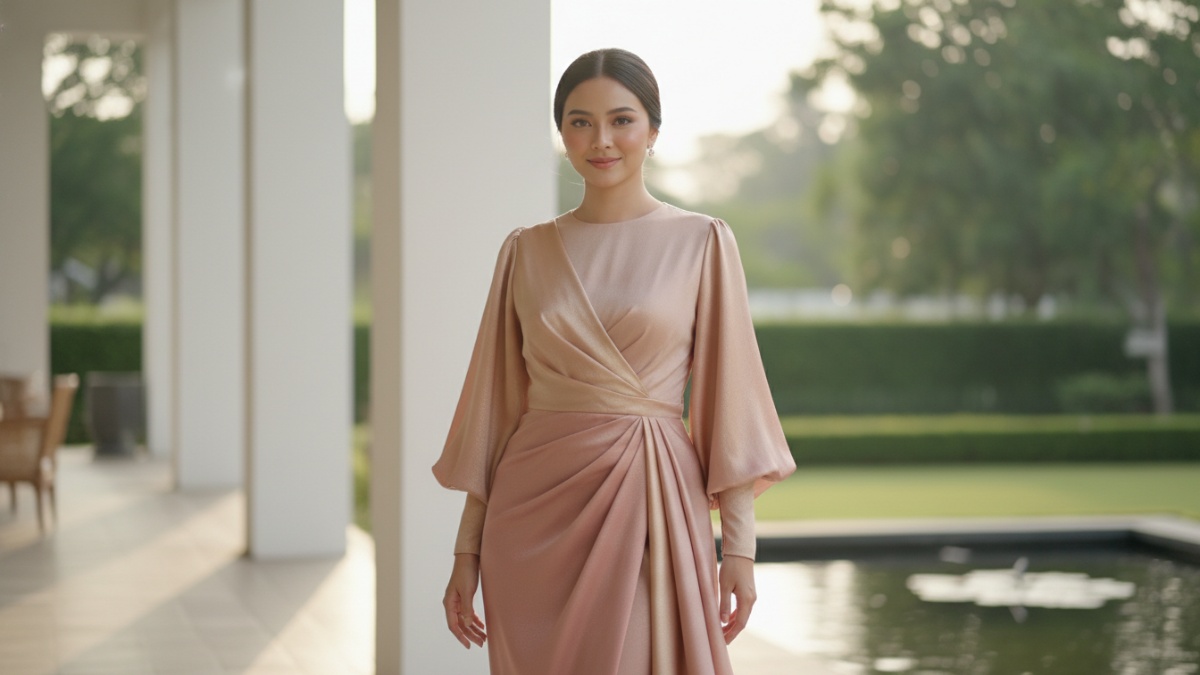 Tekstur kain silk look dengan kilau lembut dan jatuh alami.