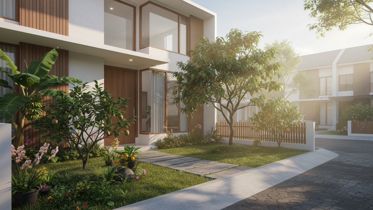 Area depan rumah dengan paparan sinar matahari pagi.