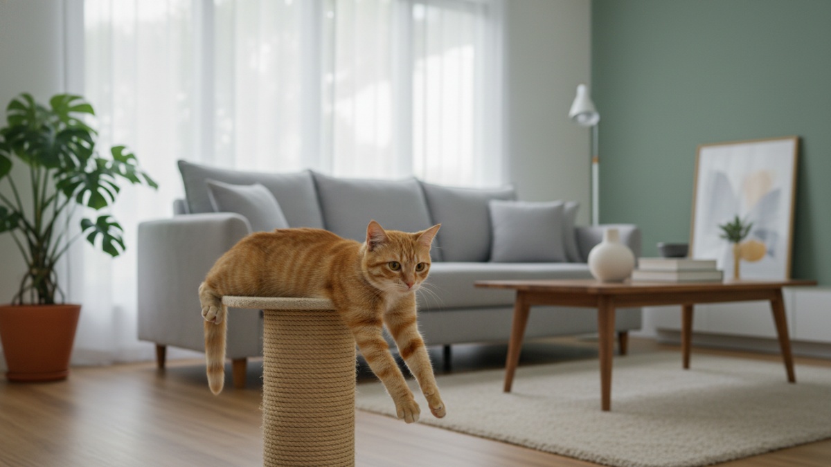 Ilustrasi kucing di ruang tamu dengan sofa dan media garukan.