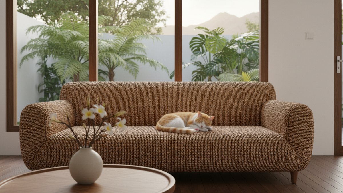 Detail tekstur sofa dengan anyaman rapat.