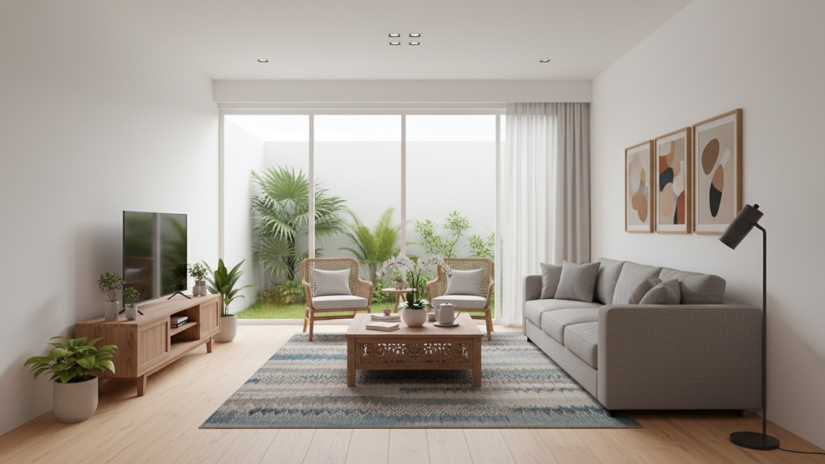 Ruang keluarga tertata rapi dengan furnitur proporsional dan pencahayaan lembut.