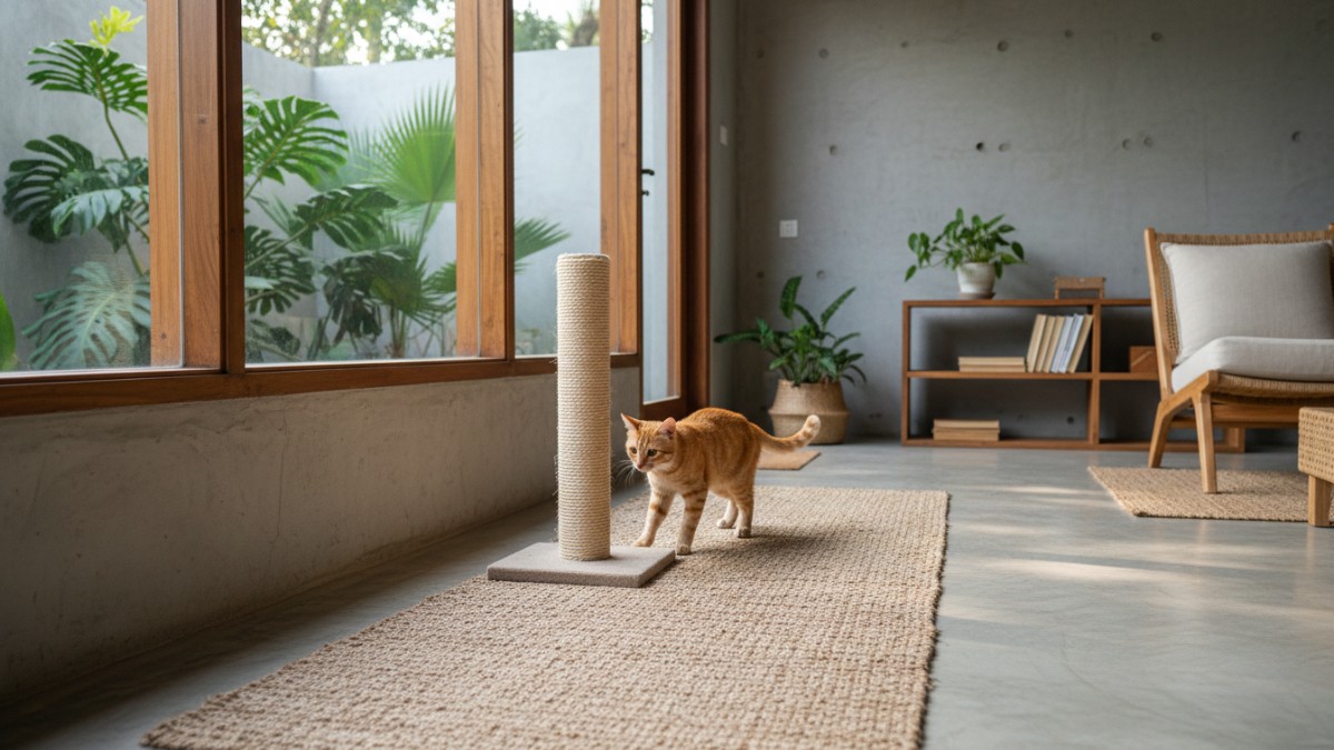 Kucing mendekati media garukan di jalur aktivitas rumah.
