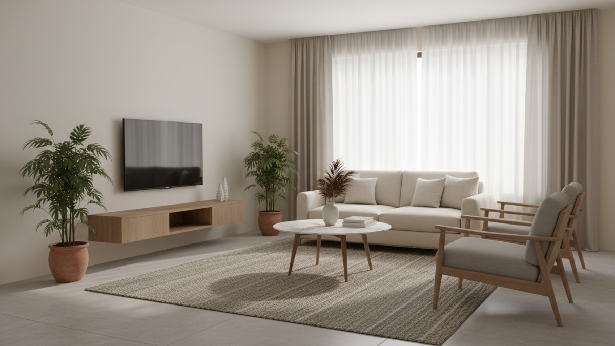 Ruang tamu minimalis dengan warna lembut dan furnitur sederhana menciptakan kesan elegan dan nyaman.