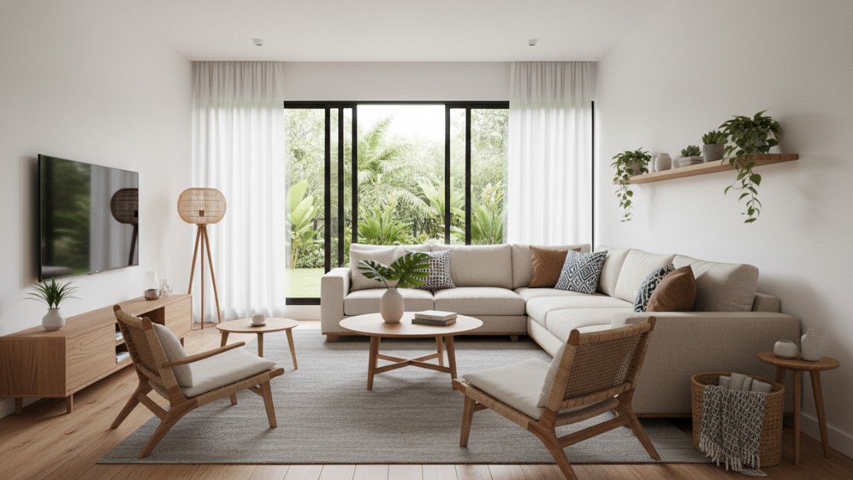 Ruang keluarga terorganisir dengan zonasi jelas dan furnitur multifungsi.